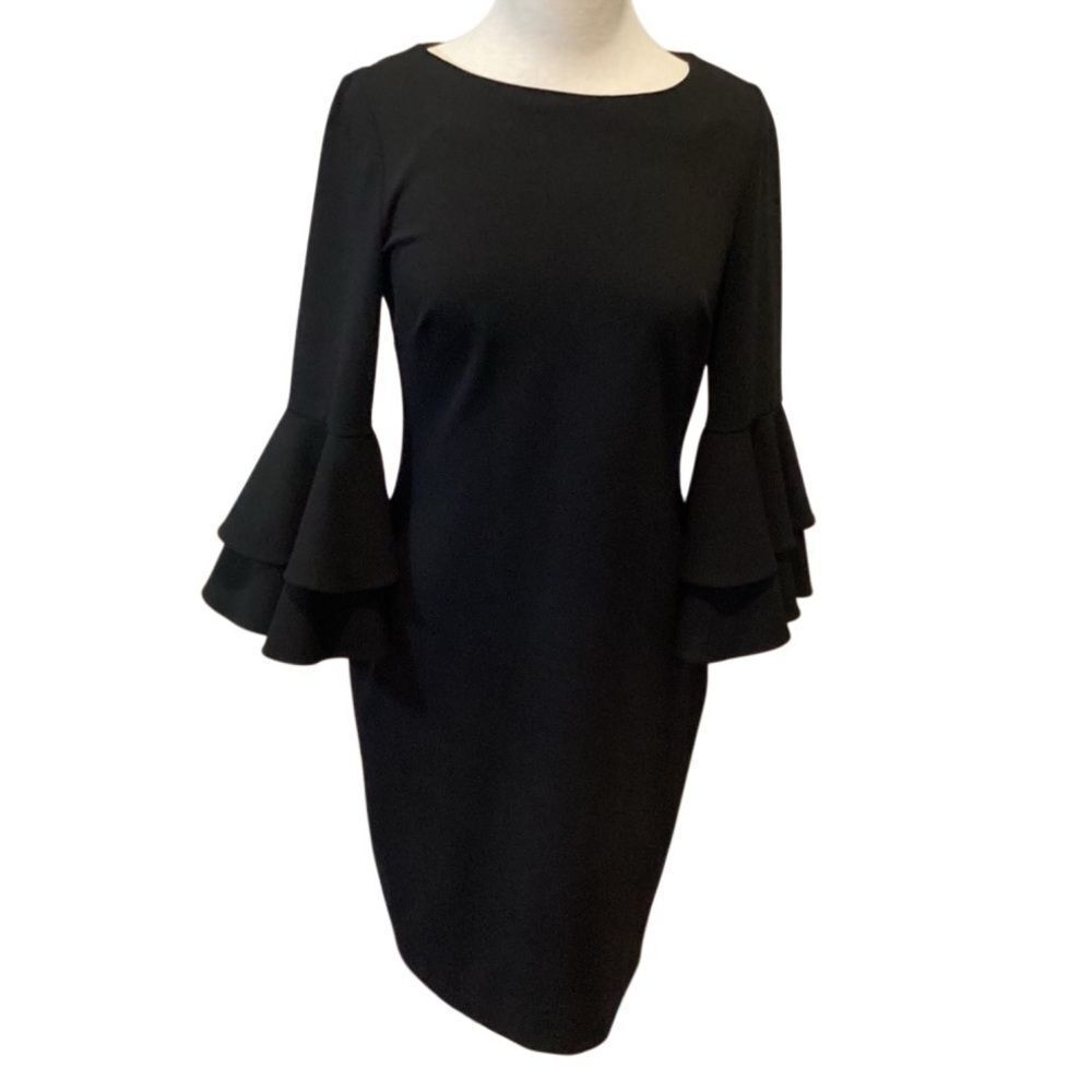Calvin Klein Black Tiered-Bell-Sleeve Sheath Dress - Picture 2 of 7
